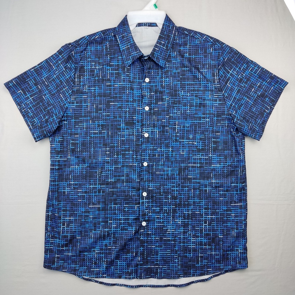 Unbranded Shirt Mens 0XL Blue Geometric Grid Print Short Sleeve Button Down